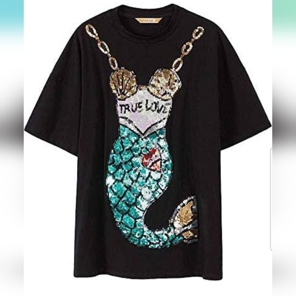 Sequin TRUE LOVE Mermaid Graphic Black Sheer Top Mini Dress Cover-up Large Rave - Picture 2 of 5